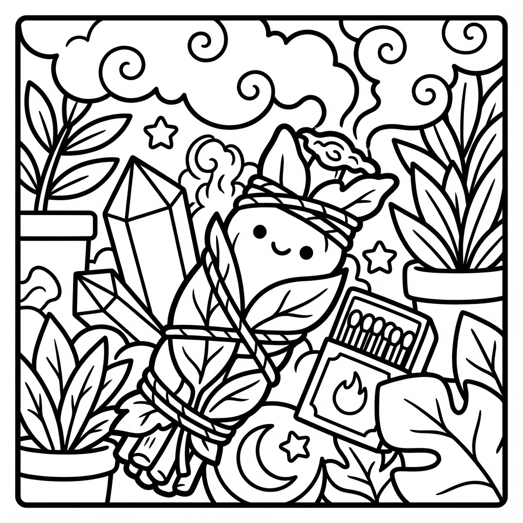 Smiling sage bundle with crystals and matches, an easy bold coloring pages scene for fat marker coloring pages.